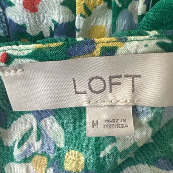 LOFT NWOT Medium Green Checked Floral Long Sleeve Ruffle Tie Blouse - Picture 2 of 5